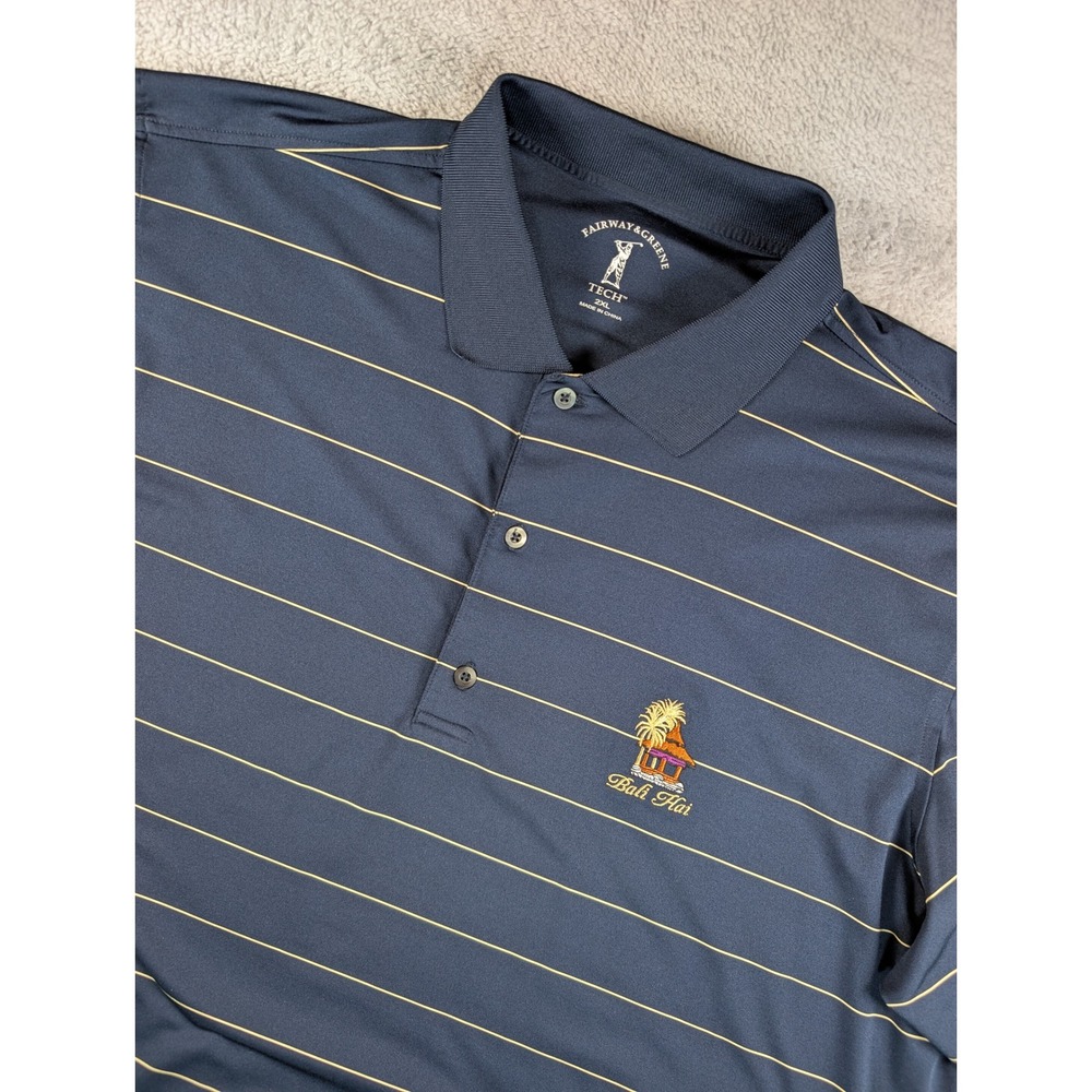Fairway & Greene Tech Mens 2XL Navy Gold Striped Bali Hai Golf Polo Shirt